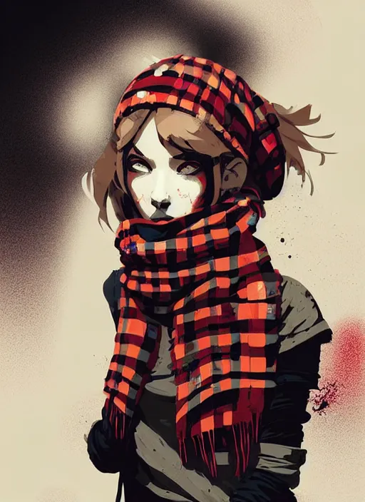 Image similar to highly detailed portrait of a sewer punk lady student, beanie, tartan scarf, wavy blonde hair by atey ghailan, by greg rutkowski, by greg tocchini, by james gilleard, by joe fenton, by kaethe butcher, gradient red, black, brown and cream color scheme, grunge aesthetic!!! white graffiti tag wall background