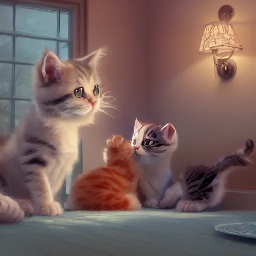 Prompt: kittens in a room. animal. digital art. artstation. realistic. vibrant. illustration. in the style of pixar movie. octane render. medium shot. art by makoto shinkai, stanley artgerm lau, wlop, rossdraws. volumetric lighting. wide angle photo.