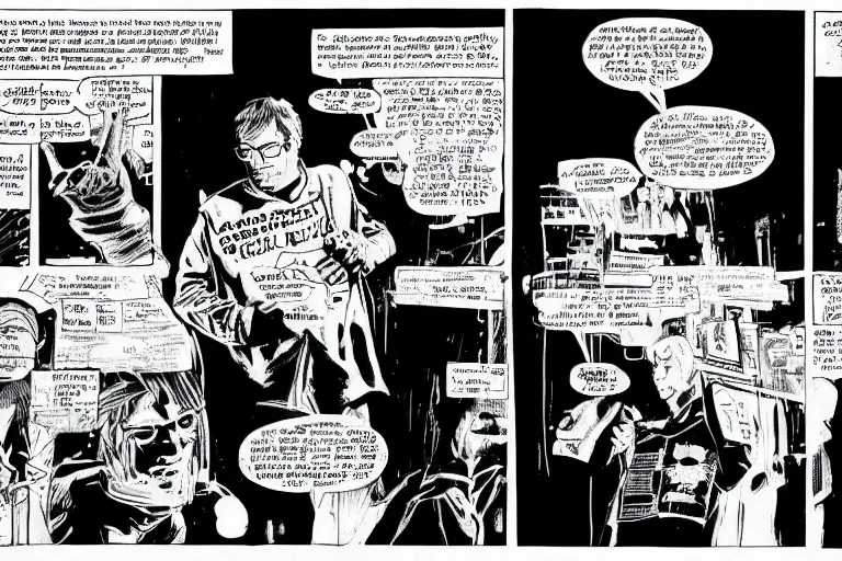 Image similar to bill gates doing a presentation, a page from cyberpunk 2 0 2 0, style of paolo parente, style of mike jackson, adam smasher, johnny silverhand, 1 9 9 0 s comic book style, white background, ink drawing, black and white