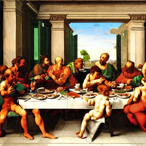 Prompt: the last dinner, painting by Michelangelo