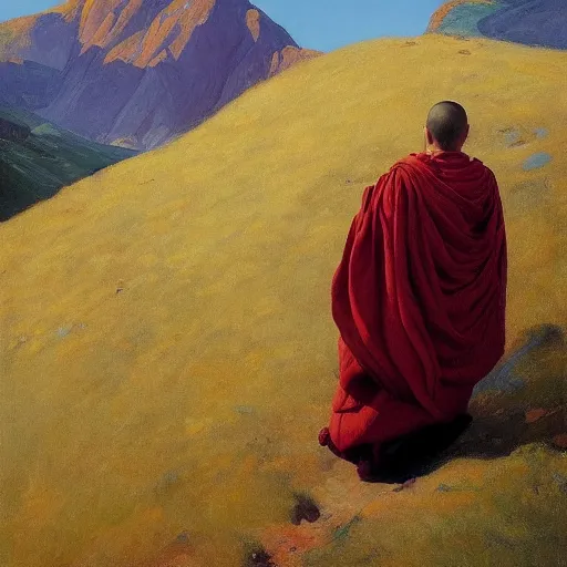 Image similar to sienna portrait of the astute monk crimson and sienna robe ascending the mountain to the monastery paro taktsang jamie wyeth james gilleard edward hopper oil painting