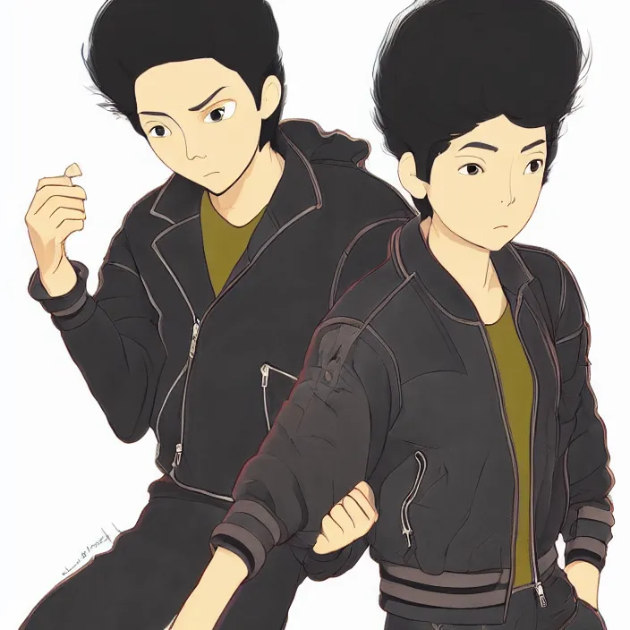 Prompt: cantido joseph nandaba wearing a leather bomber jacket, black sweatpants, studio ghibli, character design, high resolution