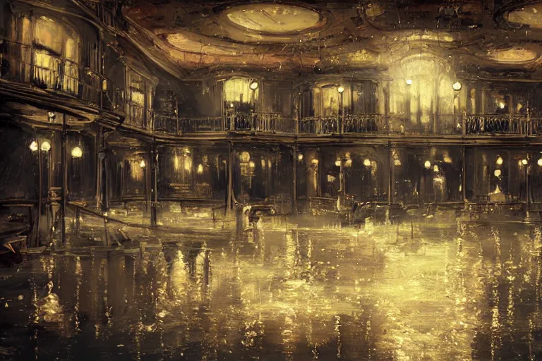Prompt: steampunk ballroom flooding, wide shot, cinematic, realistic painting