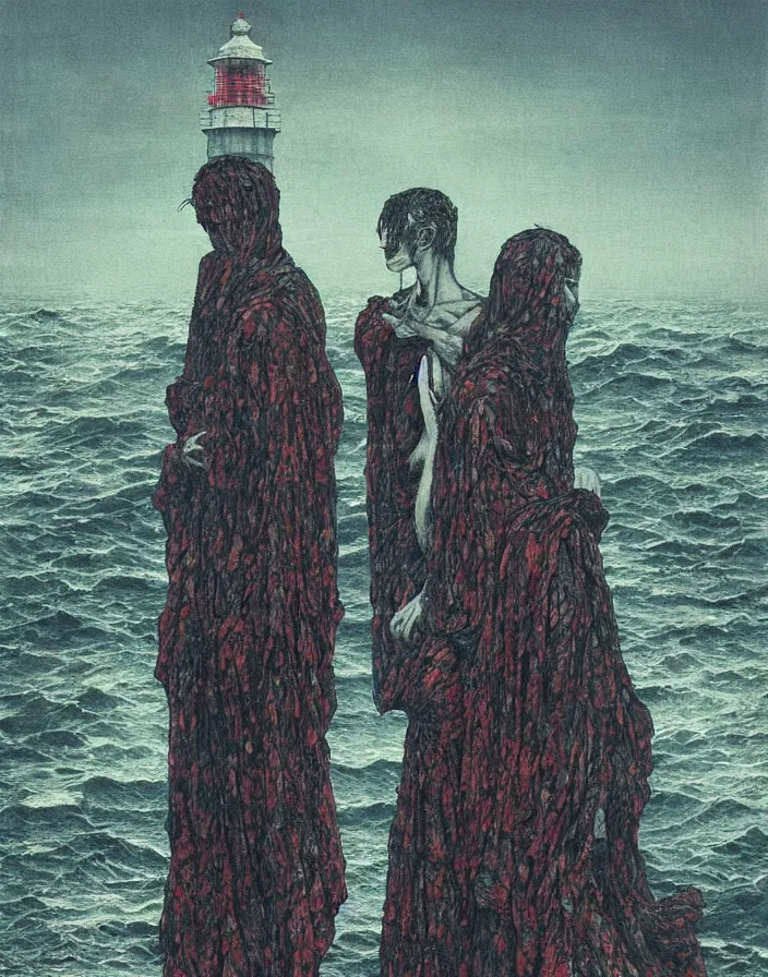 Image similar to worshippers in tattered robes belonging to the cult of the lighthouse standing in waves, a lighthouse, high detailed beksinski painting, part by adrian ghenie and gerhard richter. art by takato yamamoto. masterpiece, deep dark colours