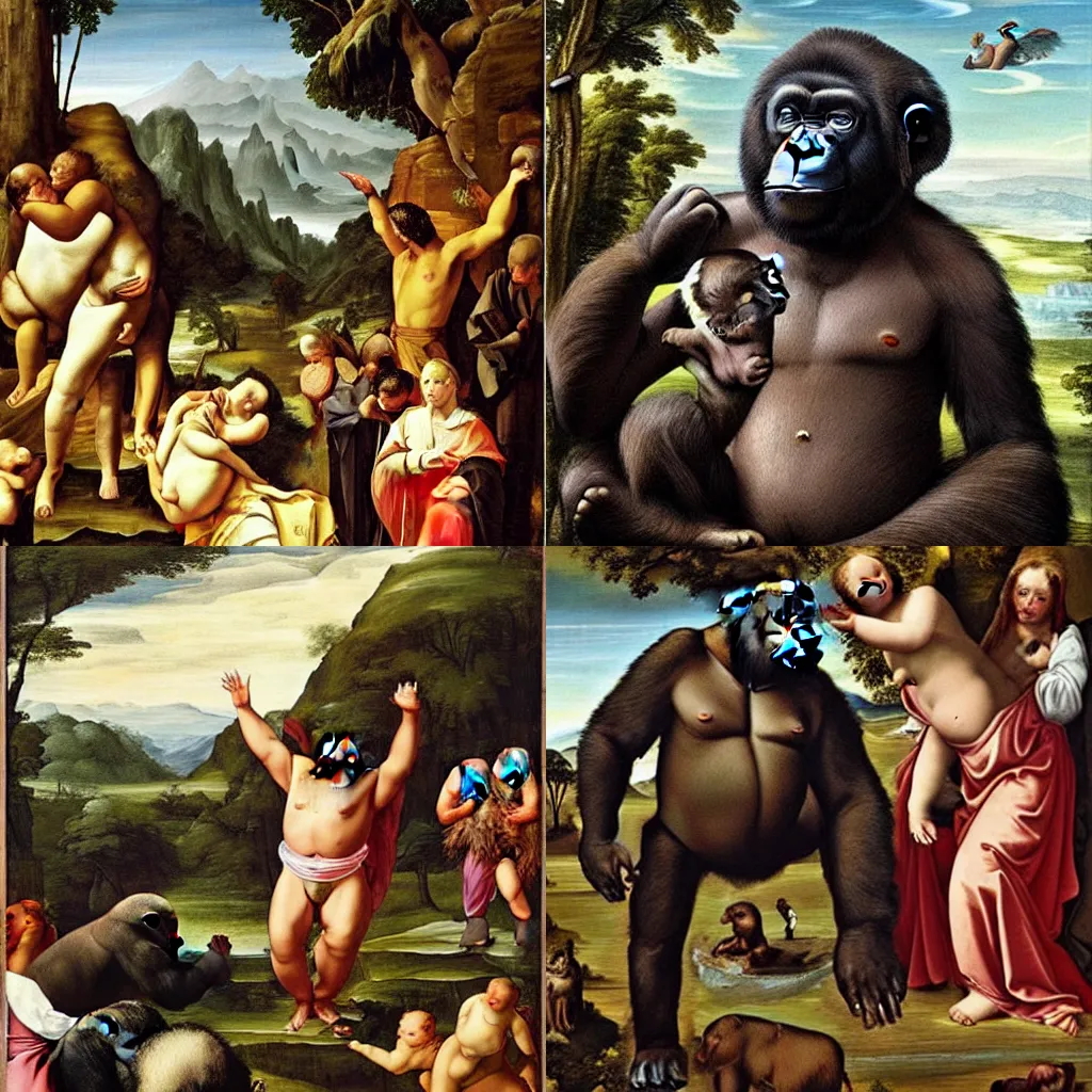 Prompt: Harambe looks down from heaven, renaissance painting