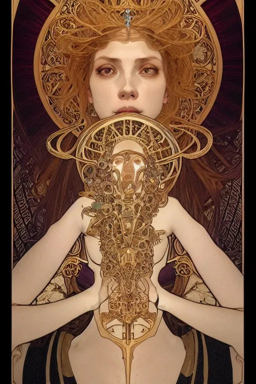 Prompt: beautiful hierophant girl tarot card portrait, biomechanical, intricate artwork masterpiece, majestic, elden ring cinematic lighting, volumetric 8 k, by alphonse mucha, apollonia saintclair, josan gonzalez, artgerm, edmund leighton, kilian eng, trending on cgsociety, octane render, 8 k