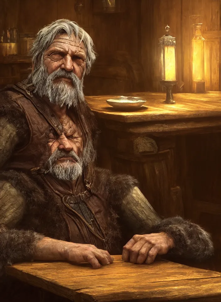 Image similar to a closeup portrait of an older man from skyrim sitting in a tavern, fantasy setting, tavern environment, serene colors, soft lighting, atmospheric, cinematic, moody, in the style of diego koi, gina heyer, luiz escanuela, art by alyssa monk, depth, hyperrealism, rule of thirds, golden ratio, oil on canvas, 8 k