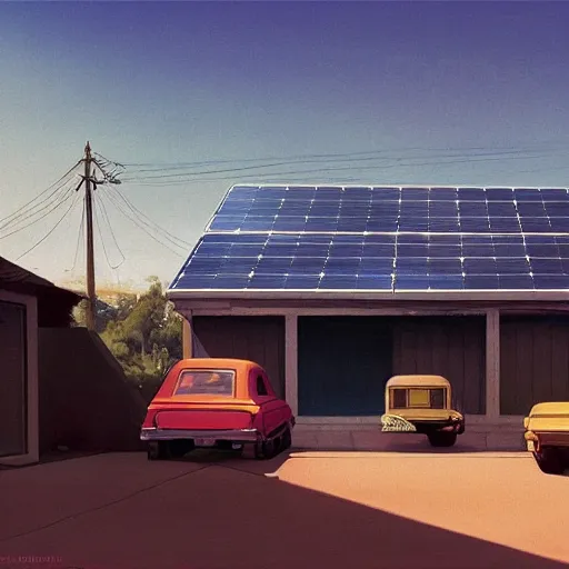 Image similar to a cinematic matte painting of a boxy 1 9 8 0 s sci - fi car with solar panels on roof and doors in a cluttered garage in india. by edward hopper, glennray tutor and greg rutkowski. trending on artstation.