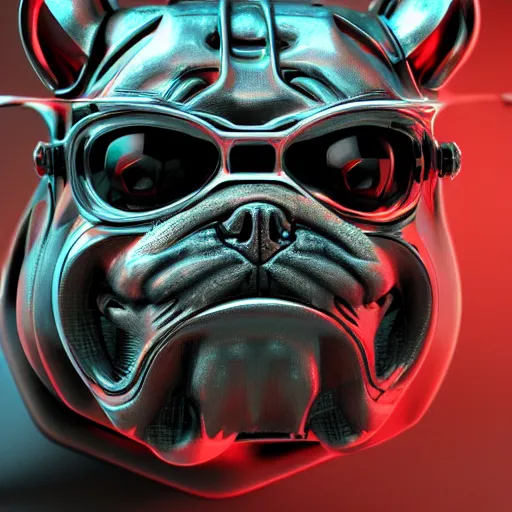 Image similar to « a cyborg bulldog sitting down, cyberpunk art by grillo demo, cgsociety, computer art, future tech, made of liquid metal, sketchfab »