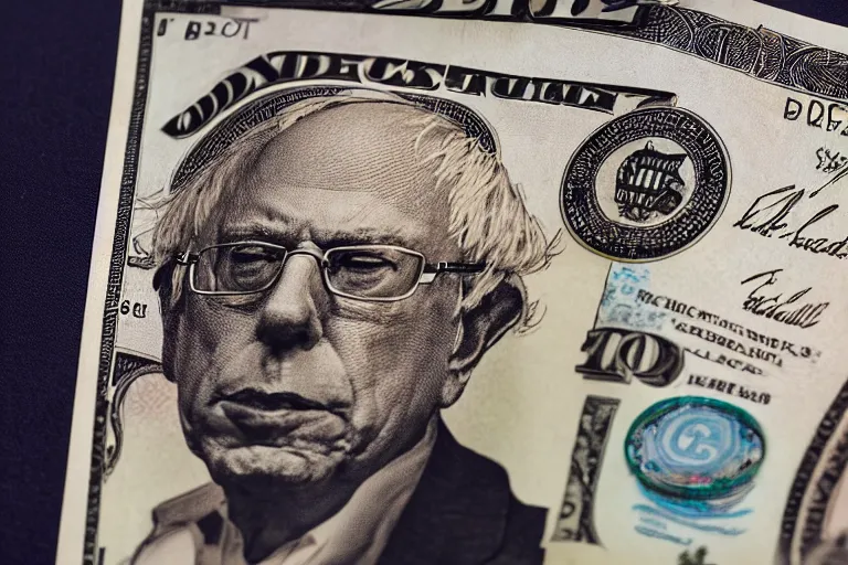 Prompt: closeup potrait of bernie sanders giving you a crisp hundred dollar bill in a washington street, screen light, sharp, detailed face, magazine, press, photo, Steve McCurry, David Lazar, Canon, Nikon, focus