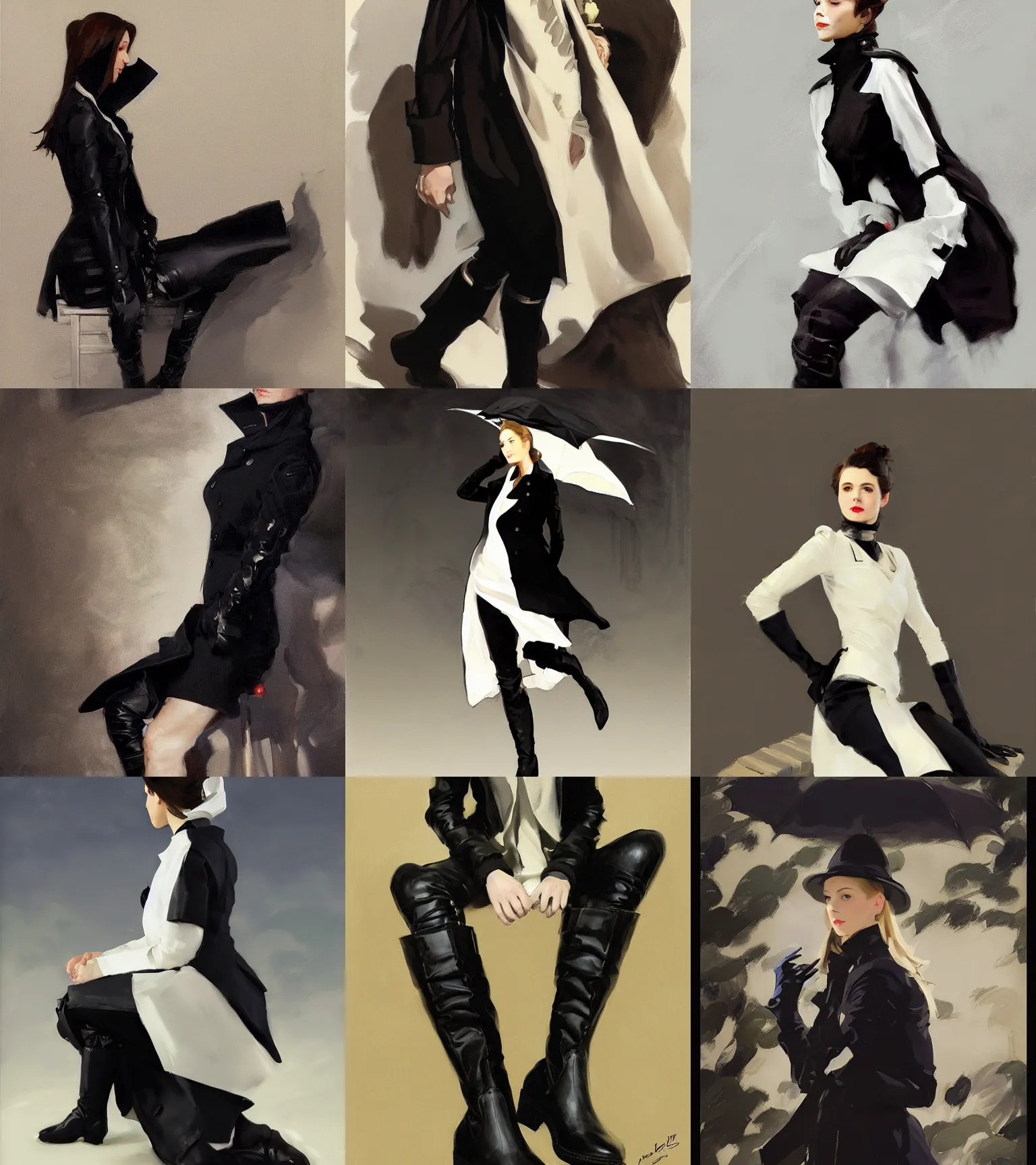 Image similar to black white cloth fabric jodhpurs knee high boots travel coat fashion, portrait in sitting pose, greg manchess painting by sargent and leyendecker, studio ghibli, fantasy, asymmetrical, intricate, elegant, matte painting, illustration, hearthstone, by greg rutkowski, by greg tocchini, by james gilleard, by joe fenton