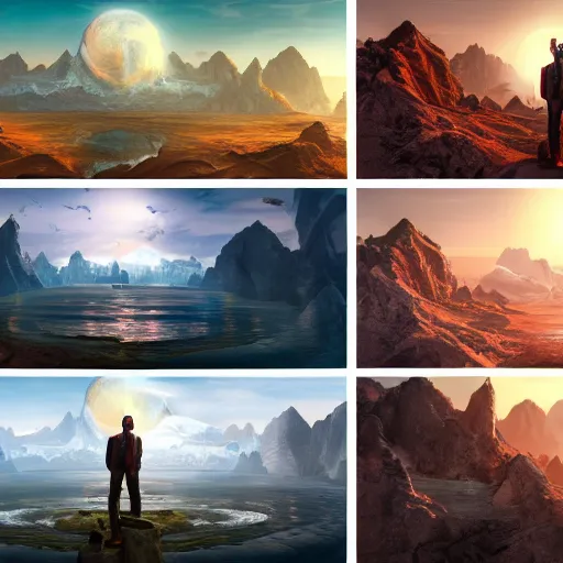 Image similar to a collage of four pictures with a man standing in the middle, a detailed matte painting by senior environment artist, behance, afrofuturism, matte painting, terragen, reimagined by industrial light and magic