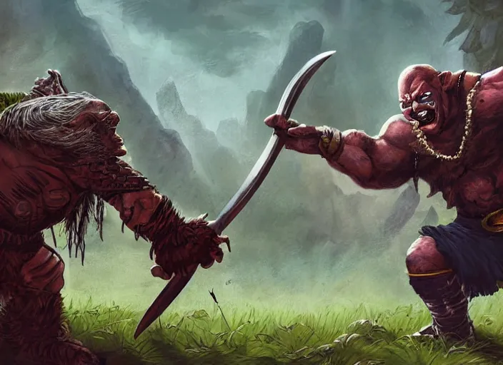 Image similar to a warrior fighting a orc, fantasy illustration by nils gulliksson