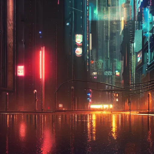 Prompt: highly detailed cyberpunk cityscape, nighttime, rain, 4k