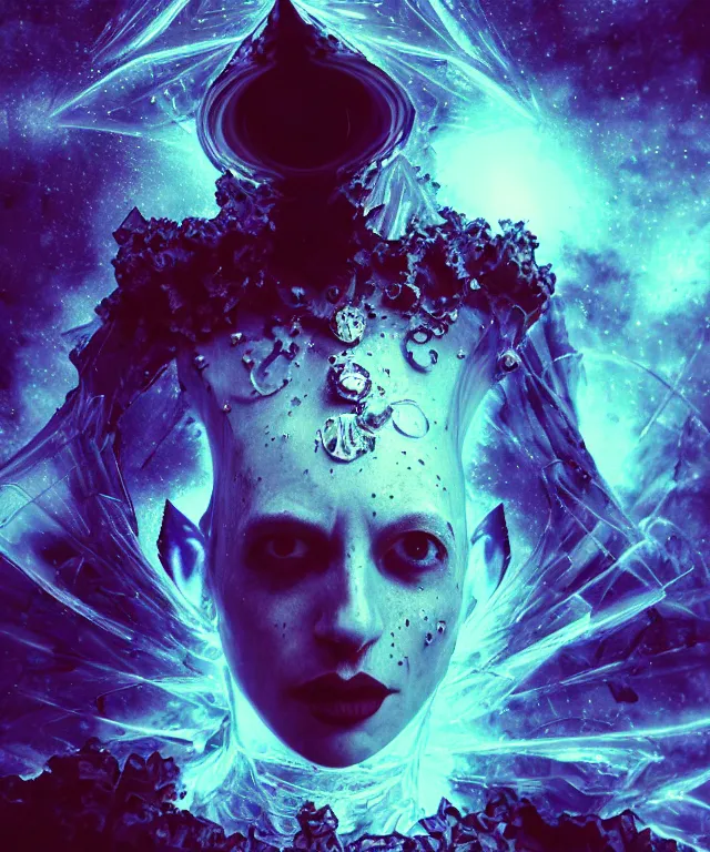 Image similar to impressive ominous front!! shot photo of a court jester character fine portrait fine portrait mesmerizing fractal hyper cubes platinum cracked dark future hyper dimensional space galactic crystal nebula edges elegant detailed intricate concept artstation sharp focus ray tracing cinematic masterpiece temporal corruption beeple wlop germ 8 4 k scifi glossy hyper realistic illustration canon eos r 3 fujifilm x - t 3 0 sony alpha a 6 6 0 0