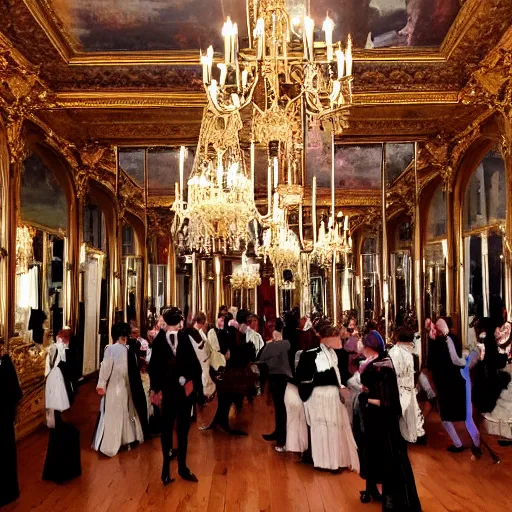 Image similar to a Victorian style party in the hall of mirrors