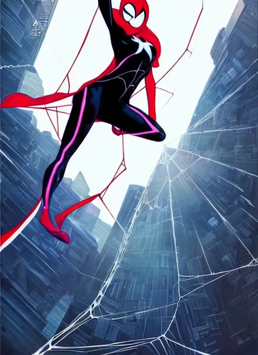 Image similar to Rafeal Albuquerque comic art, Joshua Middleton comic art, cinematics lighting, pretty female Emma Stone as Spider Gwen, Marvel comics, hanging from white web, playful smirk, symmetrical face, symmetrical eyes, full body, flying in the air, city in background