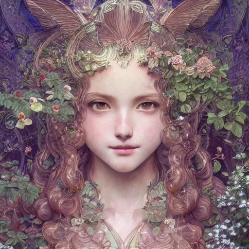 Prompt: aerith gainsborough, intricate, elegant, hyper detailed, finely detailed beautiful angelic symmetry face delicate, smooth, sharp focus, award - winning, masterpiece, in bloom greenhouse, shining light came in through the window, style of tom bagshaw, cedric peyravernay, peter mohrbacher, louis comfort tiffany, victo ngai, 4 k hd illustrative wallpaper