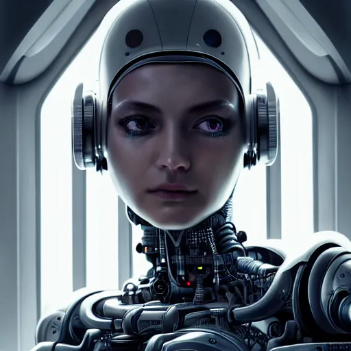 Image similar to centered portrait of an ultra detailed Mechanical Cyberpunk Female Android, looking into the camera!!, intricate, elegant, super highly detailed, professional digital painting, artstation, concept art, smooth, sharp focus, no blur, no dof, extreme illustration, Unreal Engine 5, Photorealism, 8k, cinematic, art by artgerm and greg rutkowski and alphonse mucha and loish and WLOP