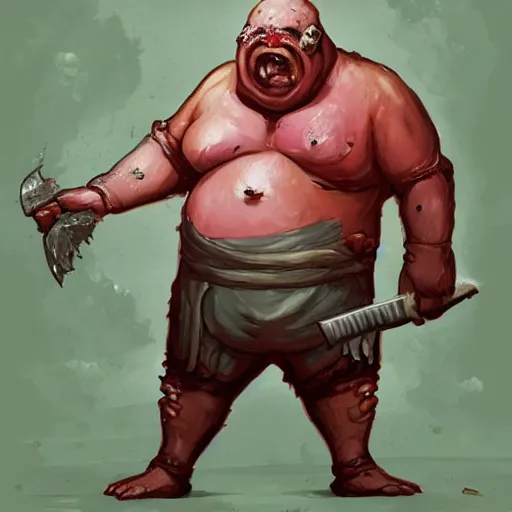 Image similar to a fat fleshy abomination butcher holding a cleaver and a hook hand, meats on the ground, in the style of greg rutkowski, fantasy rpg, league of legends