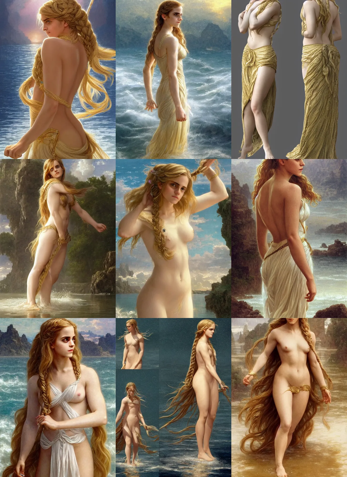 Prompt: emma watson as blond aphrodite, front view, long blond braided hair, walking on water, white and gold dress, intricate, highly detailed, artstation, concept art, sharp focus, illustration, bouguereau, rutkowski, mucha