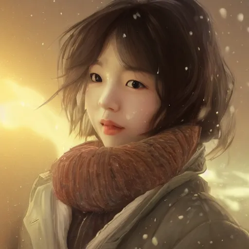 Image similar to the portrait a beautiful grocery young asia woman in down jacket, with a goosethe background is dust earth road ， river winter an snow, illustration by wenjun lin, irakli nadar, bright colors, octopath traveler, wenjun lin, unreal engine 5 highly rendered, global illumination, radiant light, detailed and intricate environment