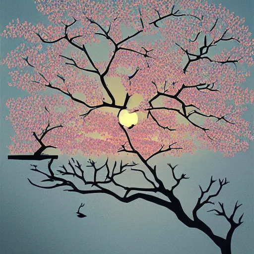 Image similar to birds on cherry tree, Changelingcore, serene, graceful, sunset photo at golden hour, Kodachrome, digital painting by M. C. Escher