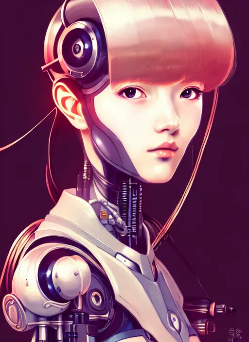 Prompt: portrait of beautiful young cyborg anime maiden, cute-fine-face, pretty face, realistic shaded Perfect face, fine details. Anime, cyberpunk, Warhammer, highly detailed, artstation, illustration, art by Ilya Kuvshinov and Gustav Klimt