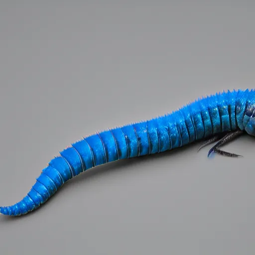 Image similar to studio photograph of a matte dark gray worm with a neon blue head and tail