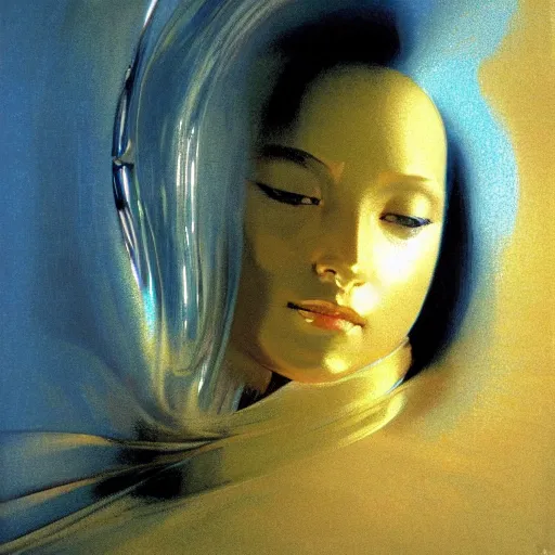 Prompt: a chrome woman's face in flowing sheets of cobalt blue gold chrome silver satin mirror foil, by moebius syd mead roger dean wojciech siudmak donato giancola yoshitaka amano ivan aivazovsky jan de heem pieter claesz paul delaroche alma tadema aelbert cuyp, hyperrealistic volumetric light render