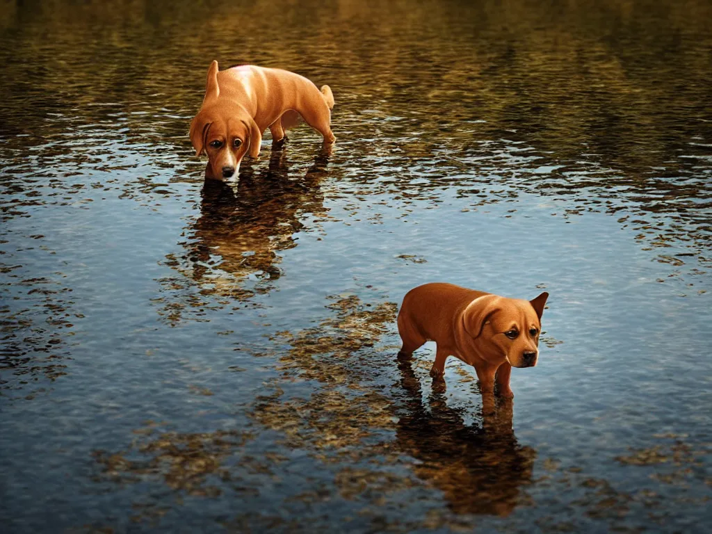 Prompt: a dog looking down at its reflection in water, ripples, river, beautiful!!!!!! swiss forest, photograph, golden hour, octane render, high resolution