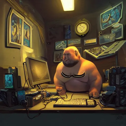 Image similar to a insanely detailed painting of a slightly overweight man wearing a homemade superhero costumed, sitting at a computer desk, nervously and clicking on the mouse, in the style of peter mohrbacher, dramatic lighting and composition, trending on artstation, concept art, comic book, graphic novel