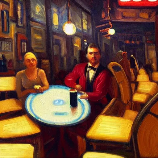 Image similar to modern stylized oil painting portrait of r2d2 at table in western saloon, 1890, very very very very very very very beautiful masterpiece, realistic and detailed, artstation, interesting artificial spotlight lightning, cinematic, dramatic