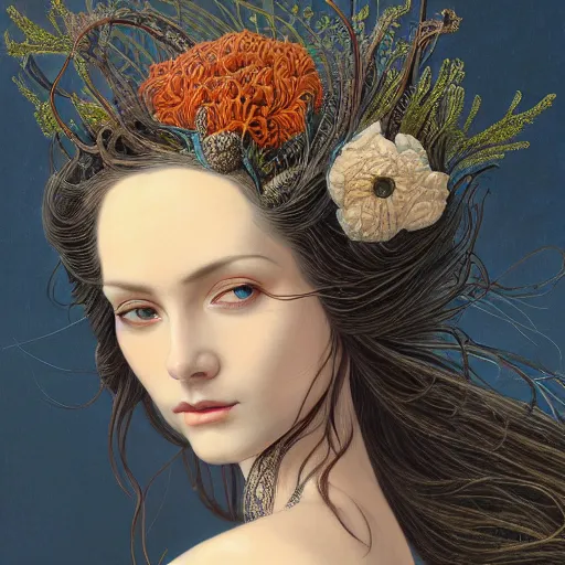 Image similar to facial portrait of a young pretty woman in flowing dress, arrogant, mysterious, long fine flowing hair, delicate, looking at camera, slightly awkward smile, realistic face, hands behind back, intricate, stylish, elegant, grimdark fantasy, flowers, extremely detailed painting inspired by Gerald Brom and Ernst Haeckel and Greg Rutkowski