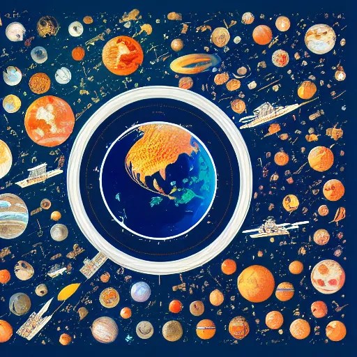 Image similar to highly detailed graphic poster with the world on fire, surrounded by space junk and old satellites, as seen from space, in the style of old botanical illustrations, matisse, caravaggio and japanese art, 4 k