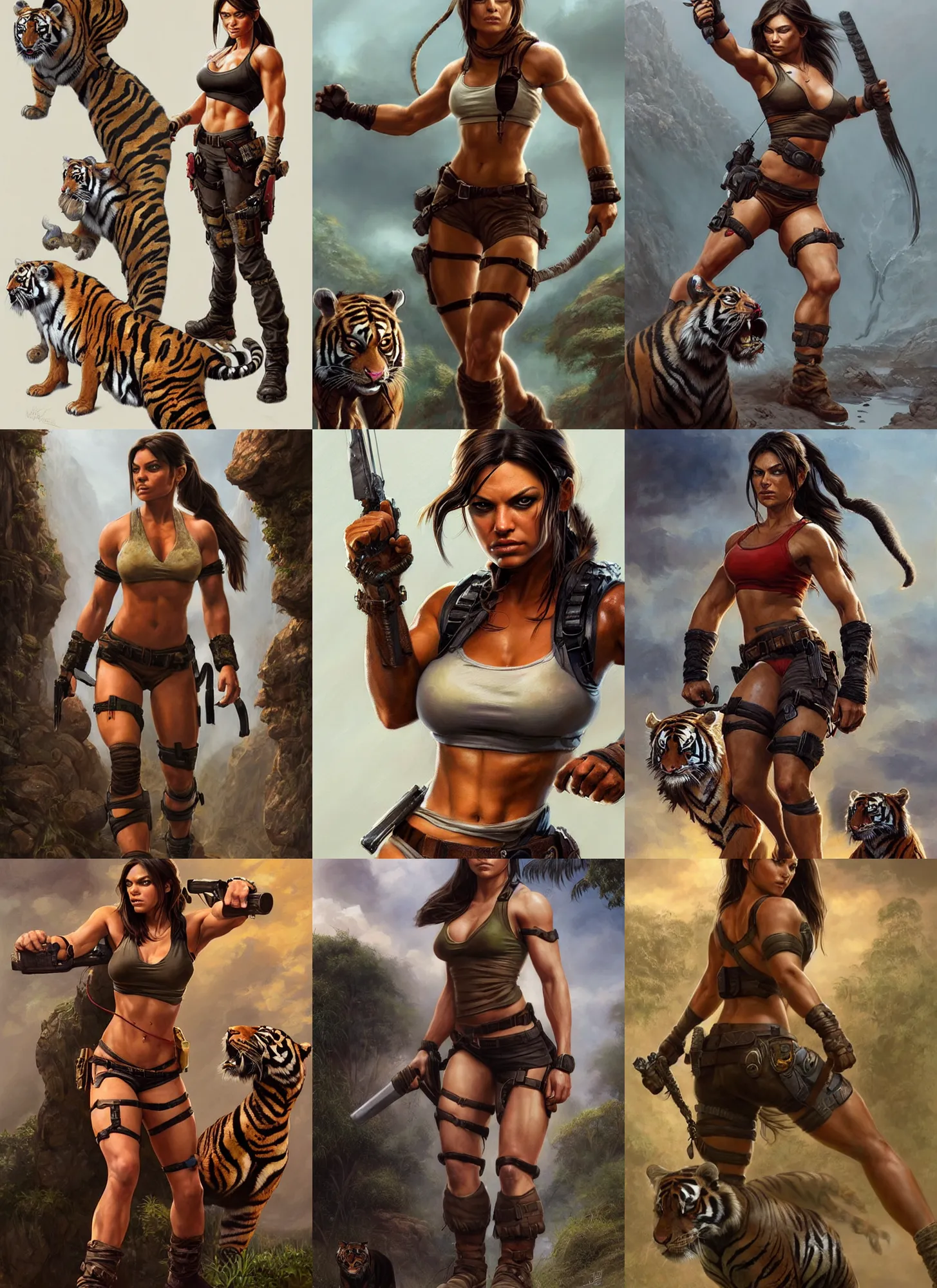 Image similar to epic portrait of very muscled tough looking Mila Kunis as Lara Croft walking besides her giant pet tiger, elegant, highly detailed, centered, digital painting, artstation, concept art, artgerm, donato giancola, Joseph Christian Leyendecker, WLOP, Boris Vallejo, Artgerm