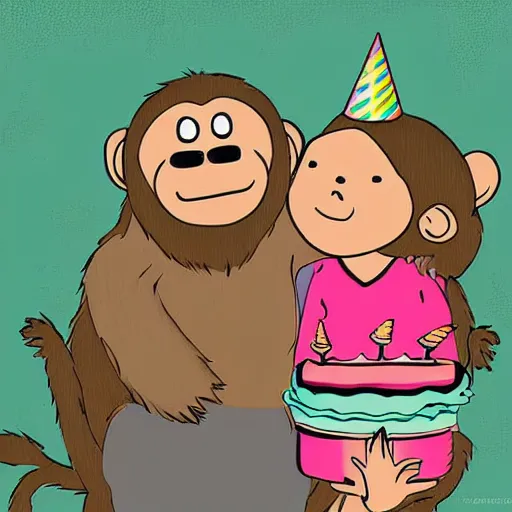 Prompt: an older monkey hugging his younger sister, birthday, cake, cartoon, birthday card