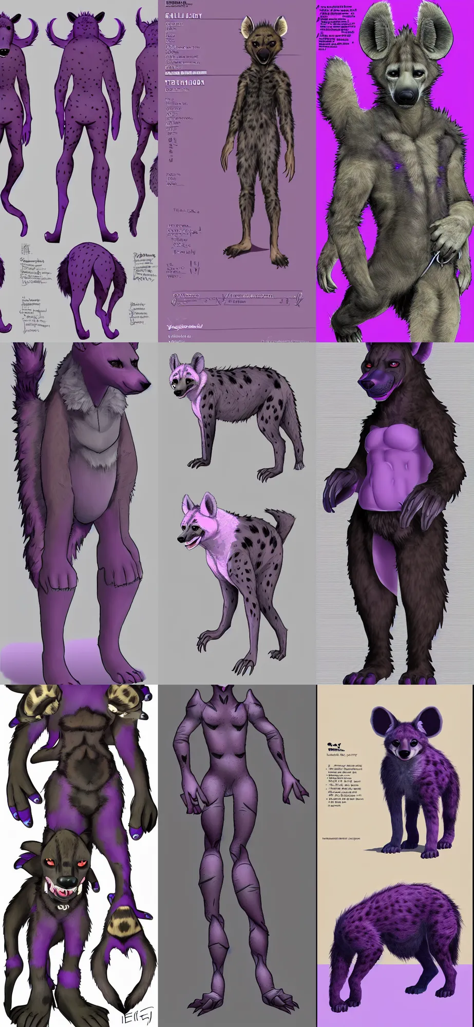 Image similar to a full - body front - perspective furry reference sheet, a male hyena fursona, purple and black color scheme, trending on weasyl, high - resolution, photorealistic