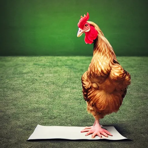 Image similar to A realistic baby Chiken doing yoga, photorealistic,