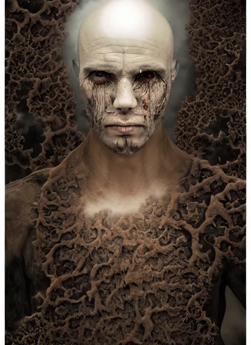 Prompt: dramatic matte portrait painting of man with black mandelbrot fractal instead of face, horror, body horror, dark art, 4 k, detailed, realistic, psychotic, insane, crazy, mental illness, dramatic,