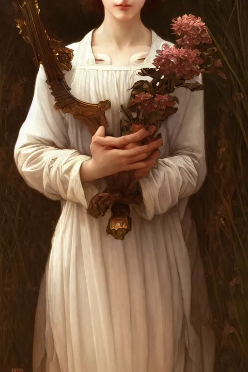 Image similar to Portrait of beautiful pale peasant girl, cinematic lighting, intricate, elegant, highly detailed, digital painting, artstation, smooth, sharp focus, illustration, art by artgerm and greg rutkowski and alphonse mucha and Wayne Barlowe and william-adolphe bouguereau