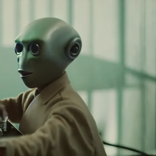 Image similar to cinematic film still of Pharrell Williams Making A Beat with an anthropomorphic alien, Japanese VFX, 2018, 400mm lens, f1.8, shallow depth of field,film photography