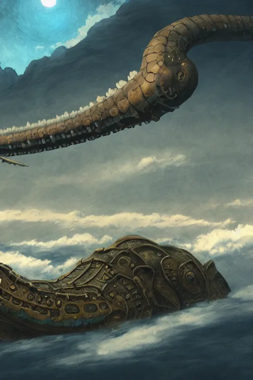 Image similar to giant leviathan flying over the mountains, clouds and sky, inspired by Nausicaa of the Valley of the Wind, Studio Ghibli, Hayao Miyazaki, 8k, 4k, UHD, HDR, photorealistic, 3D, digital painting, matte painting, environment design, by Victor Nava, Artstation, Steampunk, Hieronymus Bosch, Golden dappled dynamic lighting, Highly Detailed, Theophanic atmosphere, Cinematic Lighting, Unreal Engine, 8k, HD