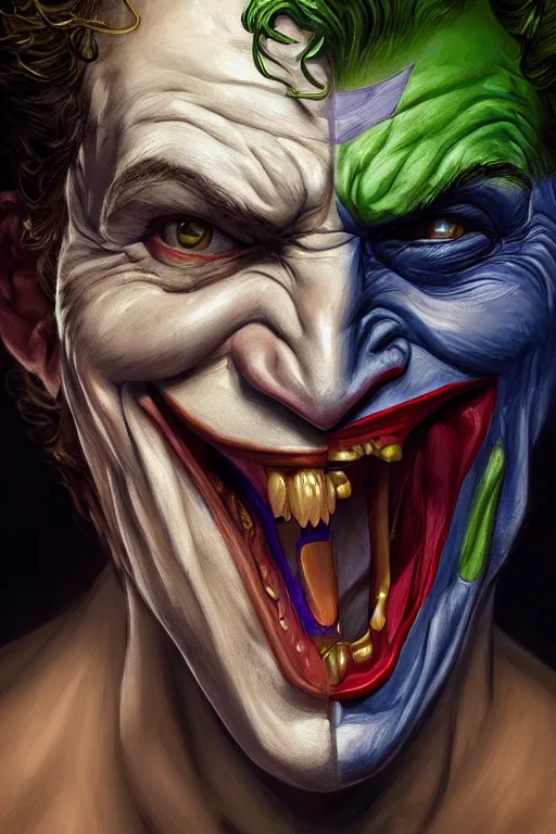 Image similar to portrait of mark zuckerberg as the joker as a hulking herculean demon orc bugbear clown, godlike, upper body, fantasy, intricate, elegant, highly detailed, digital painting, artstation, concept art, sharp focus, illustration, art by artgerm and greg rutkowski and alphonse mucha