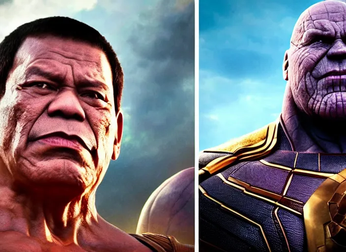 Prompt: rodrigo duterte staring down thanos, real life photograph, award winning photograph, 4 k