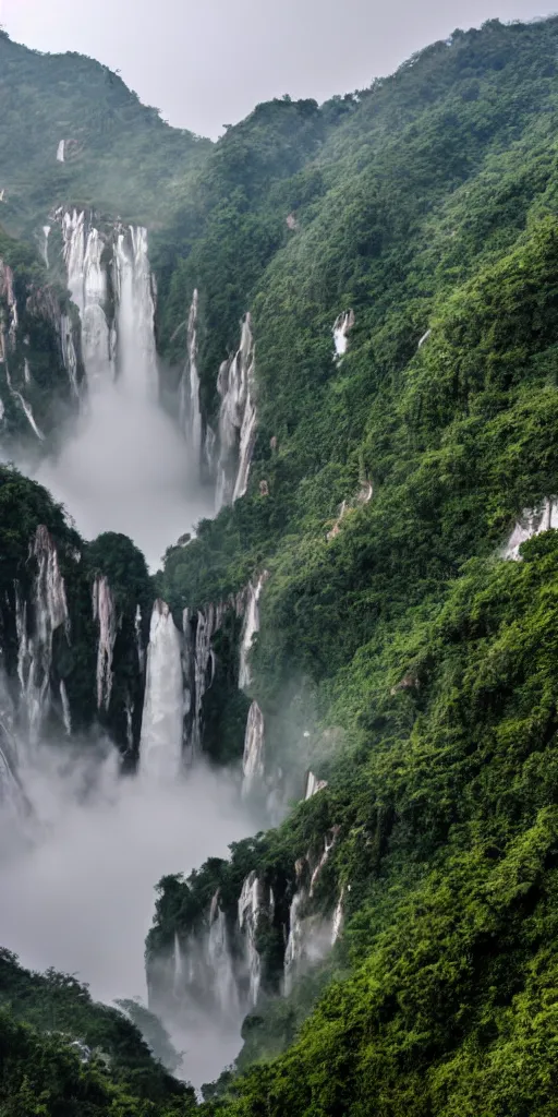 Image similar to a Cloudy peak in southern China with one waterfall, the style of National Geographic magazine