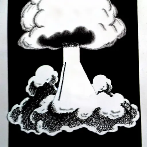 Image similar to vladimir putin wearing a nuclear mushroom cloud blast for a hat, cartoonish, ultra detailed pencil drawing, full perspective