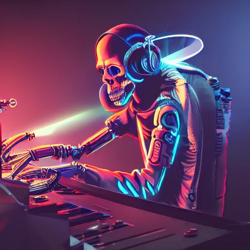 Prompt: cyberpunk skeleton with headphones playing synthesizer, smoke, lights, lasers, highly detailed, realistic,