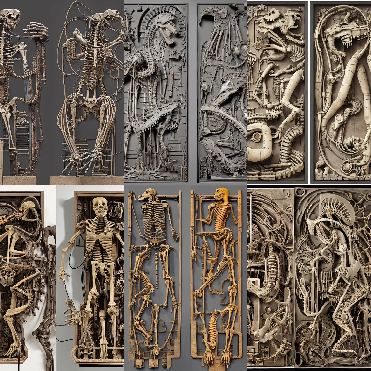 Prompt: epic diptych, flat shaped stone relief carving, mechanic bionic dinosaur skeleton dissection relief made from rollercoaster, with organs, cables, wires and tubes, by angus mckie, on a black wall, by Lorenzo Ghiberti, by Goga Tandashvili, artstation, cgsociety, at Khajuraho