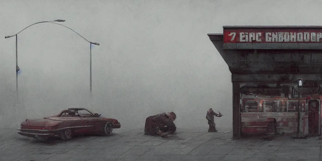 Image similar to a highly detailed epic cinematic concept art CG render digital painting artwork: Soviet gas station, fog. By Greg Rutkowski, in the style of Francis Bacon and Syd Mead and Norman Rockwell and Beksinski, open ceiling, highly detailed, painted by Francis Bacon and Edward Hopper, painted by James Gilleard, surrealism, airbrush, Ilya Kuvshinov, WLOP, Stanley Artgerm, very coherent, triadic color scheme, art by Takato Yamamoto and James Jean